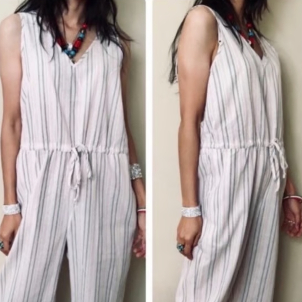 DREW Anthropology Cream Light Pink Striped Sleeveless Jumpsuit Boho Tie Waist M